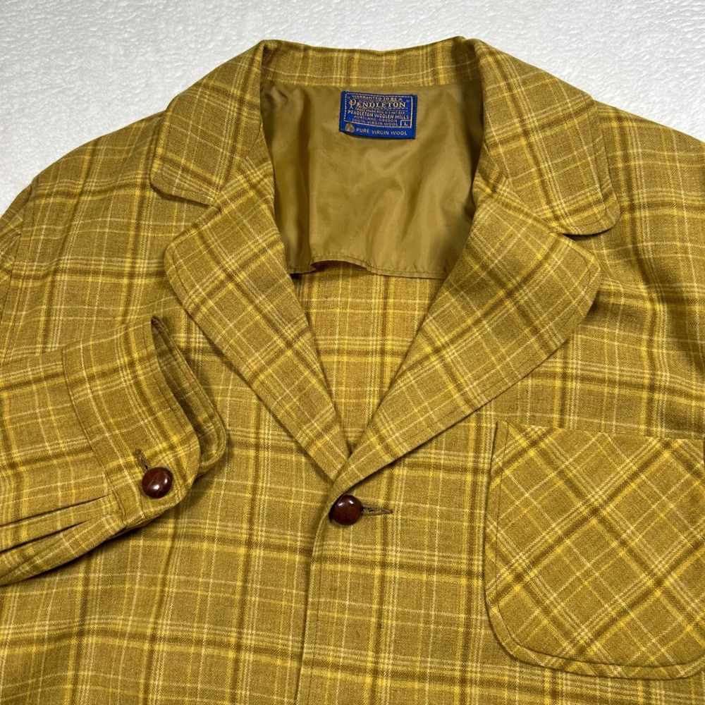 Pendleton Wool Sport Coat Glen Plaid Blazer Mens L Mustard Yellow Leather Button
